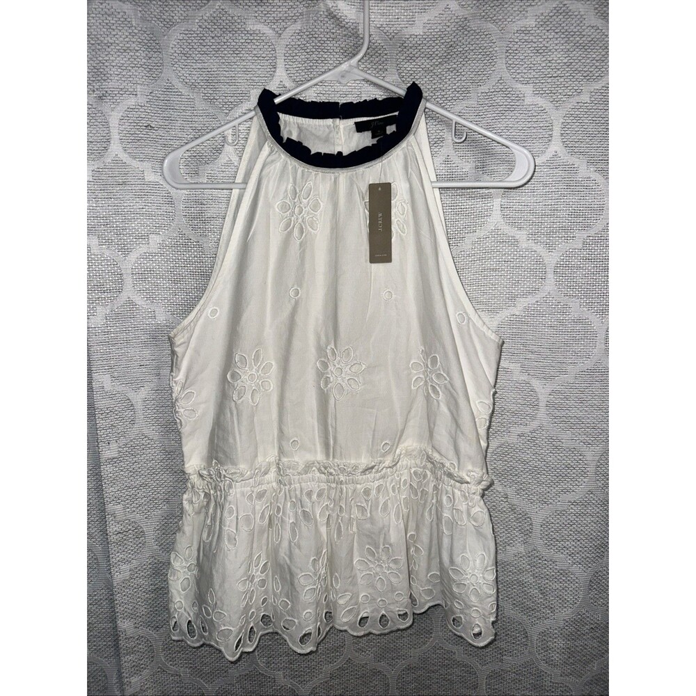 JCrew Eyelet Peplum Top Blouse White Navy Ruffle Halter Floral NWT S